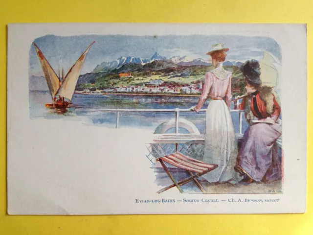 cpa Illustration Signée E. LESSIEUX 74 - EVIAN les BAINS Barque de Meillerie