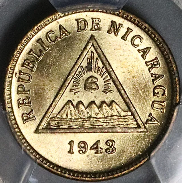 1943 NGC MS 65 Nicaragua 1 Centavo Volcanoes Liberty Cap Coin (22091302C)