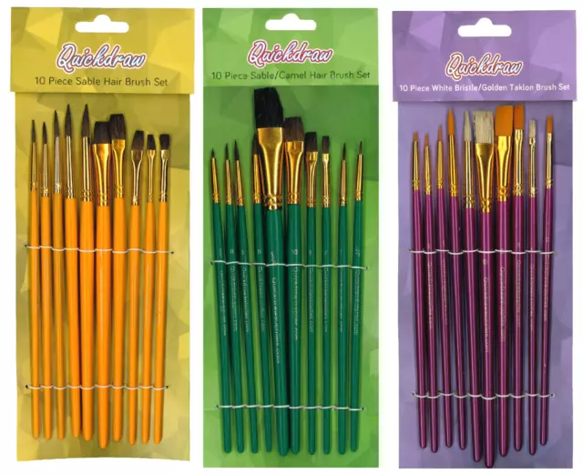 Artist Paint Brush Sets 10pc Sable Camel or Taklon Oil, Acrylic & Watercolour