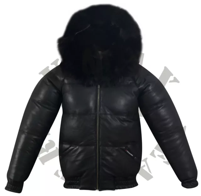 Men Puffer Bomber Sheepskin Leather Jacket Removable Raccoon Fur Collar & Hood