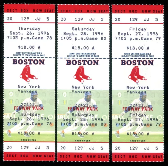 1996 Sept 26th thru 28th Red Sox Vs Yankees 3 Full Ticket Lot Fenway Park