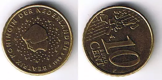 EURO HOLLAND 1999 10ct (54) Zehn-Cent-Münze 0,10€ Umlauf-Geldbörsenqualität Coin