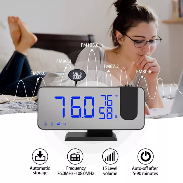 7.5" LED Digital Projector Projection Snooze Dual Alarm Clock FM Radio Timer USB 2