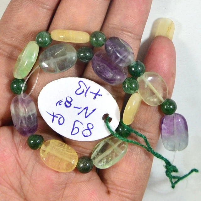 Natural multi color Fluorite mani & green jade ball Gemstone beads 8 inch Line
