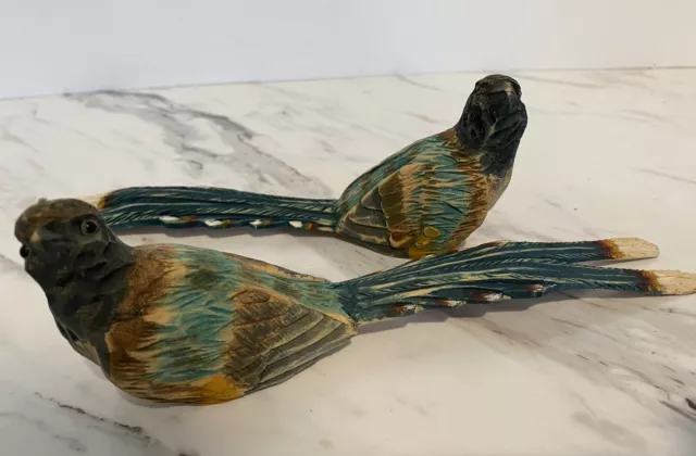 Set of 2 Birds Wooden Hand Carved Painted Uniquely Detailed Artist Unknown Rare