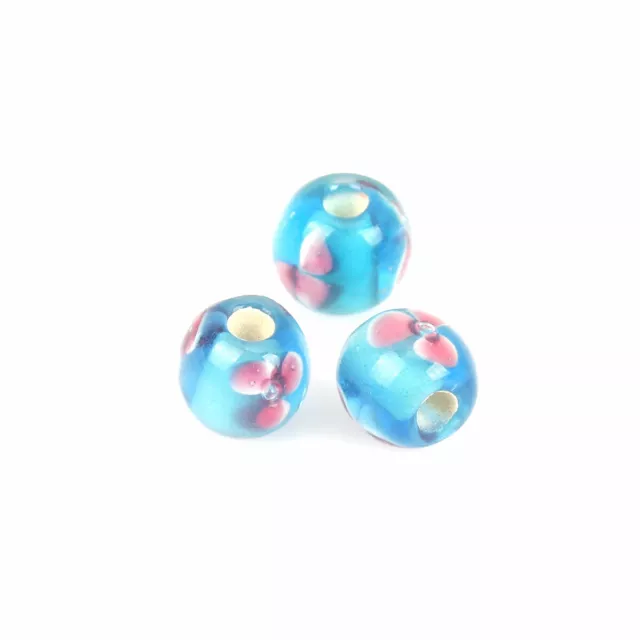 5 Deep Blue Lampwork Round Glass Beads - Pink Flower Pattern - 8mm Dia - J215658