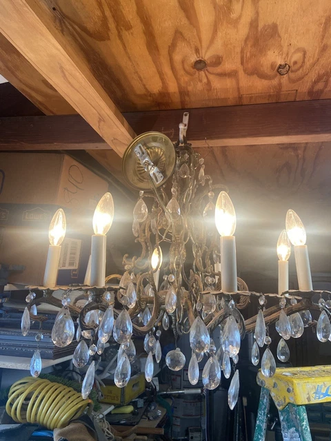 8 Arm Vintage Brass Spanish Cast Crown Chandelier Tear Drop Crystals French 8 Arm Vintage Brass Spanish Cast Crown Chandelier Tear Drop Crystals French
