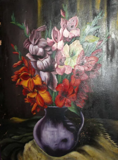 Nature morte antique de 1946 peinture à l'huile avec fleurs signées