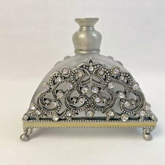 Frosted Glass Pewter Filigree Jewelled Perfume Bottle Vanity 2