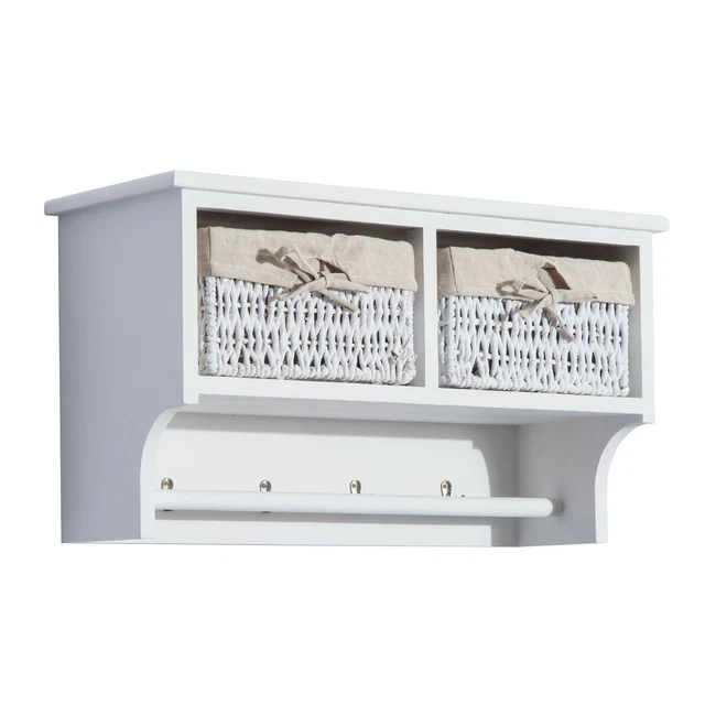 HOMCOM Entryway Coat Rack Wall Mounted Shelf Hooks 2 Baskets White