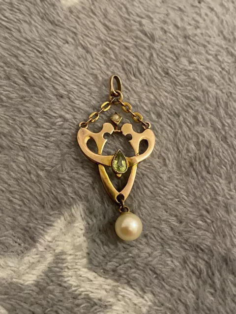 Beautiful Antique Art Nouveau 9Ct Gold Peridot Drop Pendant C.1910 Freepost Uk