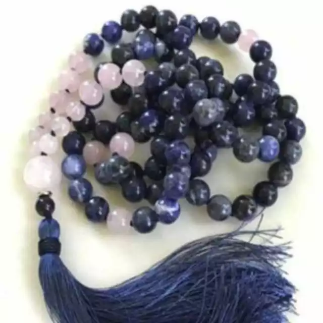 8mm Natural 108 knot blue sodalite pink crystal beads necklace Stone