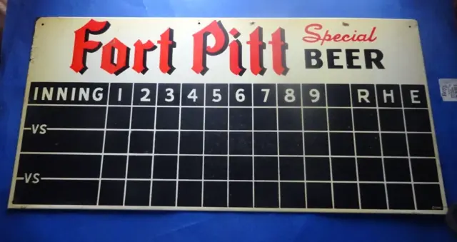 Vintage Fort Pitt beer double-sided metal scoreboard, baseball and football