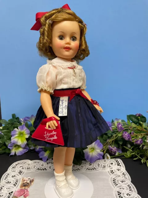 Tagged Nice 15" Ideal Shirley Temple Doll In White & Navy Blue Blouse & Skirt
