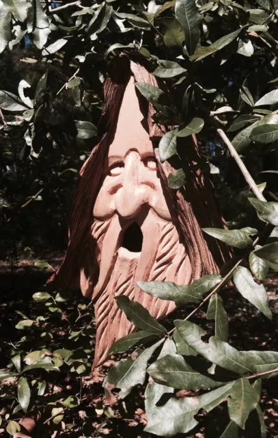 Hand Carved Wood Spirit Old Man Face Cedar Birdhouse With Hair.