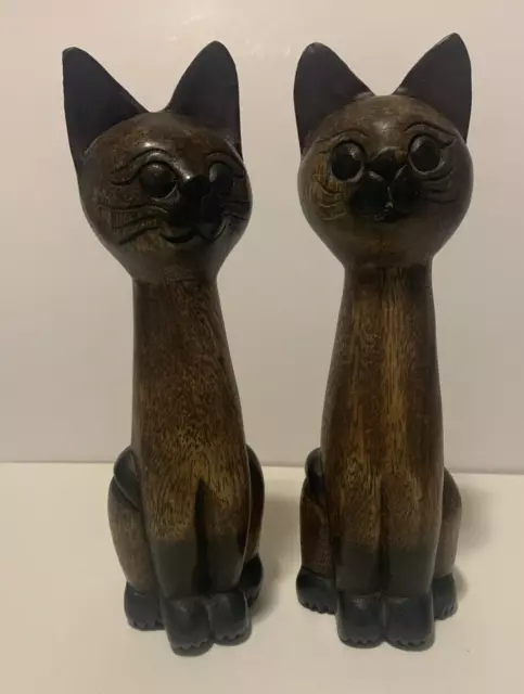 Vintage Mid Century Modern Primitive Folk Art Retro Wooden Carved Cat Pair