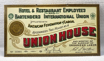 Vintage AFL UNION HOUSE SIGN ~ Hotel Employees & Bartenders Union ~ TOC Bar Sign
