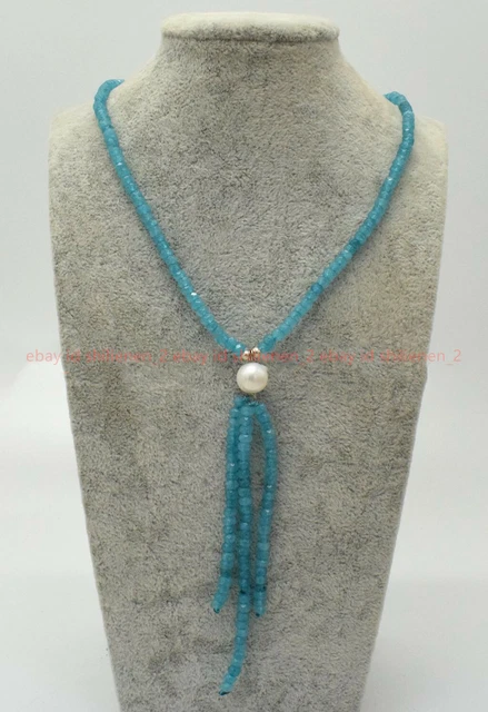 2x4mm Blau Aquamarin Rondell & 9-10mm Weiß Perle Quaste Halskette 18'' Sh378