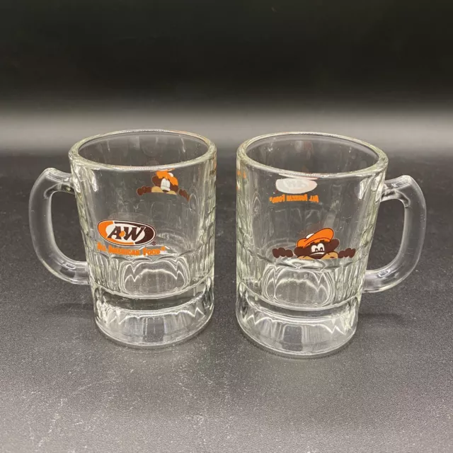 Vintage A&W Mini 3 1/4” Root Beer Mugs With Handles, Rooty Bear Logo Set Of Two