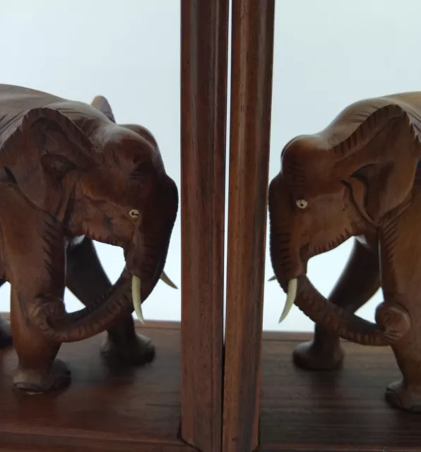 Vintage Elephant Bookends Hand Carved Solid Wood Made In India Collectible Gift