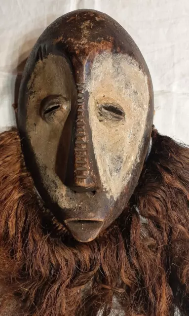 Vtg African Tribal Mask: Lega (Bantu People) w/ Raffia Beard (Handmade in Congo)