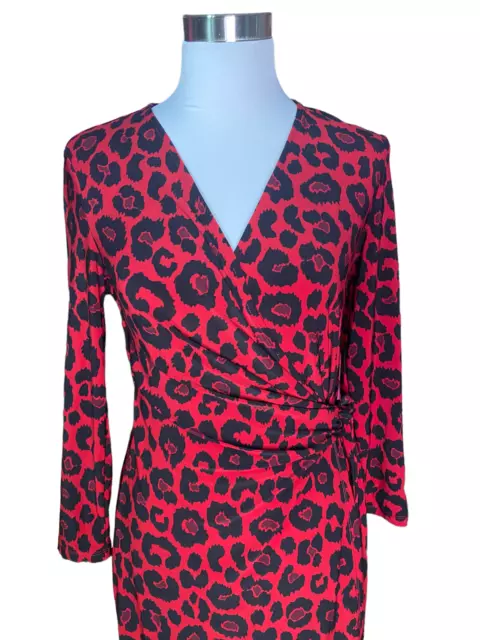 Anne Klein Womens 3/4 Sleeve Faux Wrap Dress Red Black Animal Print Jersey Small 3