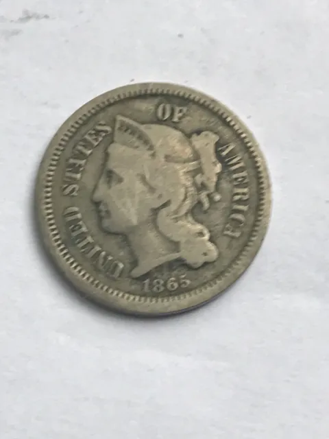 1865 Civil War era 3 cent nickel