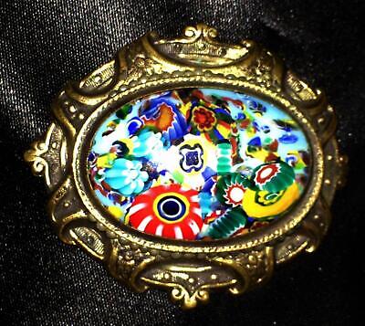 Vtg Milliefiori Glass Ornate Stamped Brass Brooch Pin Victorian Art Nouveau 3