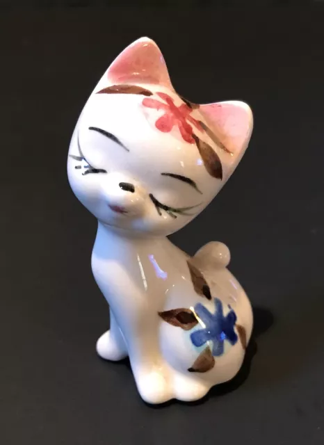 Vintage Porcelain Hand Painted White Floral Miniature Kitty Cat Figurine