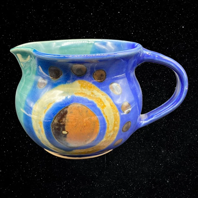 Tracie Manso Art Pottery Blue Green Small Pitcher Signed 4”T 6”W 2