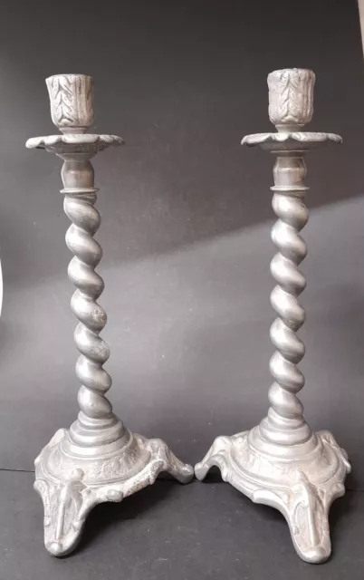 Antique/Vintage Silver Tone Candle Sticks Barley Twist Stems Decorative Pair