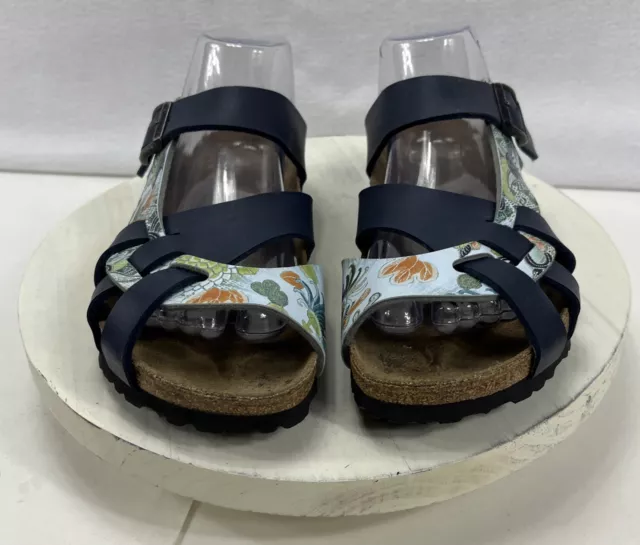 Birkenstock Papillio Pisa Sandals Blue Floral Leather Comfort Slide Womens 6 2