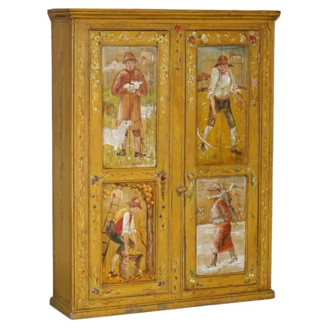 Hand Painted Antique French Circa 1860 Pine Housekeepers Cupboard Linen Pots
