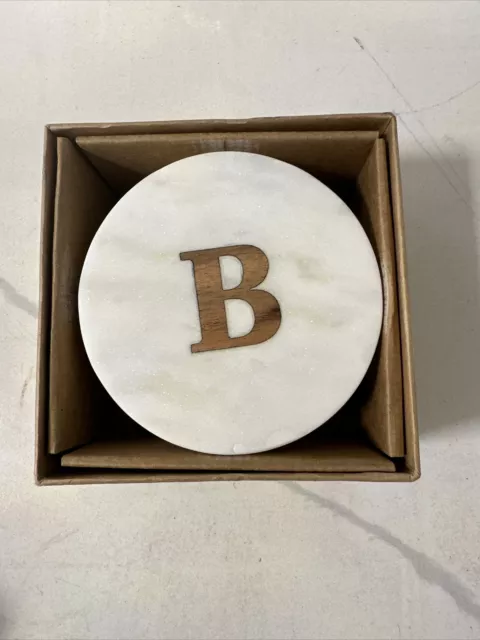Pottery Barn Handmade Alphabet Marble & Wood Coasters Initial “B” S/4 NIB
