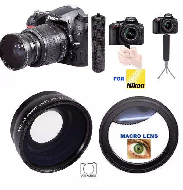 Wide Angle Lens + 10X Macro Lens + Grip For Nikon D3000 D3100 D3200 D5000 D5100