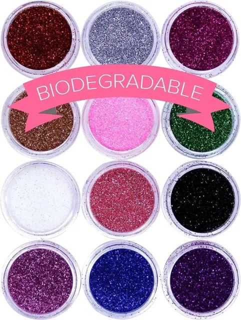 Biodegradable Glitter for Gel Nail Art Glitter Pots Set (12 Pack) Ultra FINE Gli