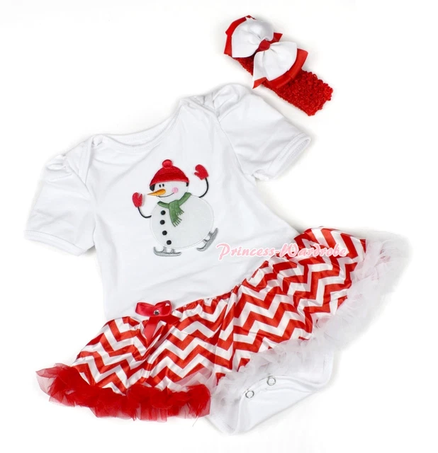 Tuta pupazzo di neve XMAS bianca carina rossa bianca onda abito bambina nuovo con scatola 12 m