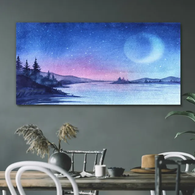 Dipinto Alberi Fiume Cielo Notte Stelle Luna Stampa Tela 120x60 Decorazione Arte Da Murale