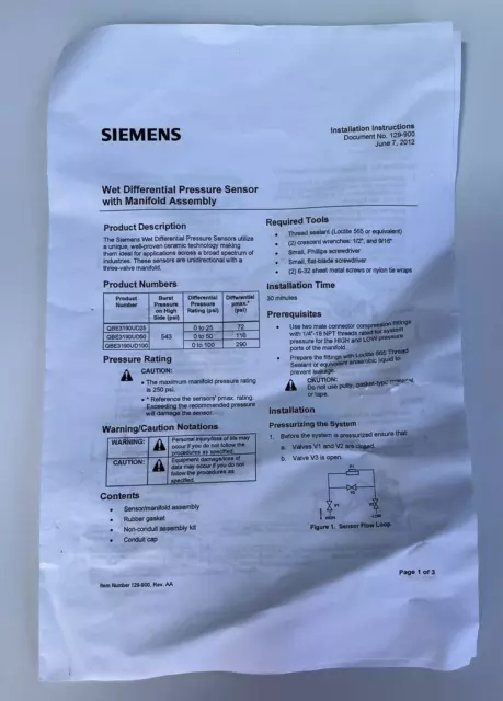 Siemens QBE3190UD50 Differential Pressure Sensor, 0 To 50 Psi,  NIB 3