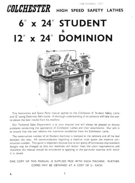 Colchester 6" Student & 12" Dominion Lathes Instruction & Parts List Manual *835 2