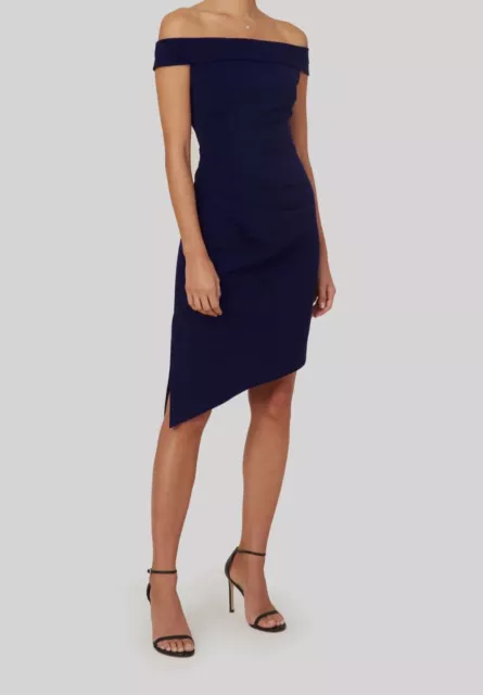 $395 Milly Women's Blue Ally Off-Shoulder Asymmetrical Hem Sheath Dress Size 0