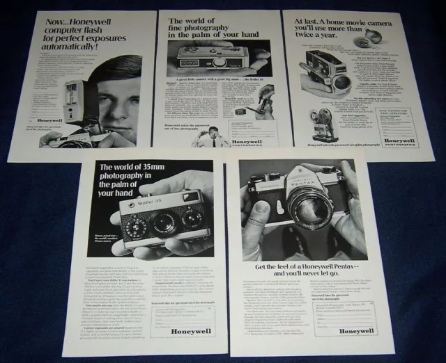 Lot de 5 publicités ~ Appareil photo HONEYWELL ~ 1966-1970 Elmo, Rollei, Pentax, Flash ;