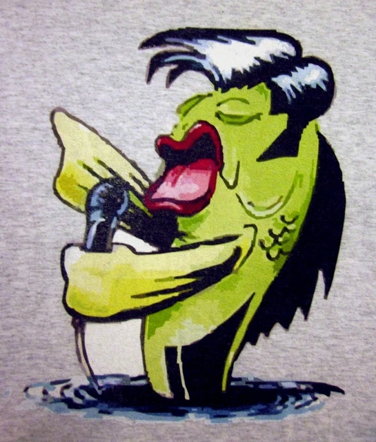 ELVIS FISH singing w/ quiff XL rockabilly fishing T shirt w/ sideburns tee
