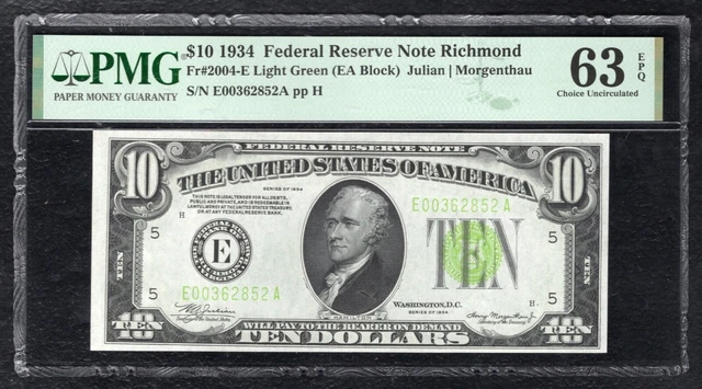 Fr. 2004-E 1934 $10 Lgs Light Green Seal Frn Richmond, Va Pmg Unc-63Epq (B)