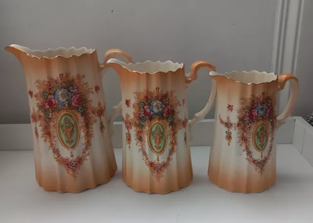 Set Of 3 Antique Crown Devon S F & Co Luna Pattern Jugs c1915