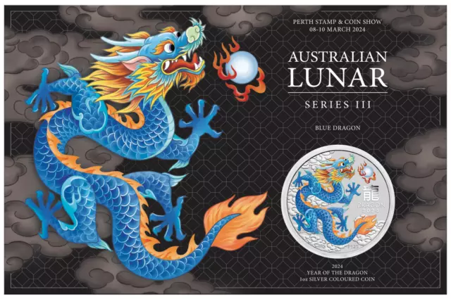 2024 Lunar Year of the Dragon 1oz BLUE Silver $1 Coin PERTH STAMP AND COIN SHOW