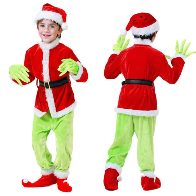 Kids Boys Girls Christmas Grinch's Costume Cosplay Santa Fancy Dress Xmas Outfit