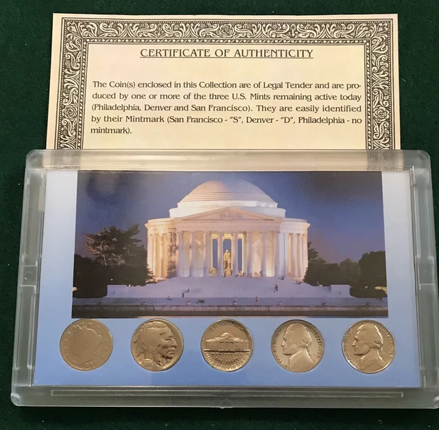 5 Different Nickel Types enclosed in plastic display case.    (1179)