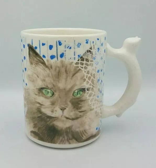 Cat Mug Gray Fur Green Eyes Kitty Handle 1985 Minou-ettes Coeur Vintage Zrike