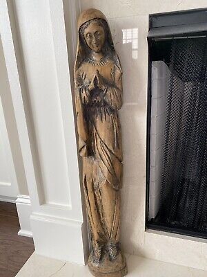 Virgin Mary Statue In Wood, Hand-Carved 31" Ht. X 5" Width